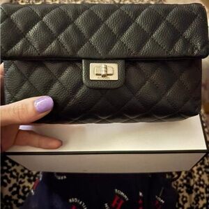 CHANEL Black Quilted Clutch with Silver Hardware